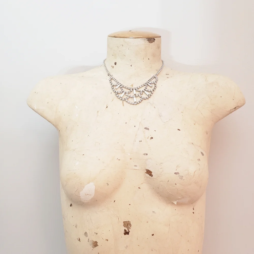 Vintage Rhinestone Statement Bib Necklace Silvertone